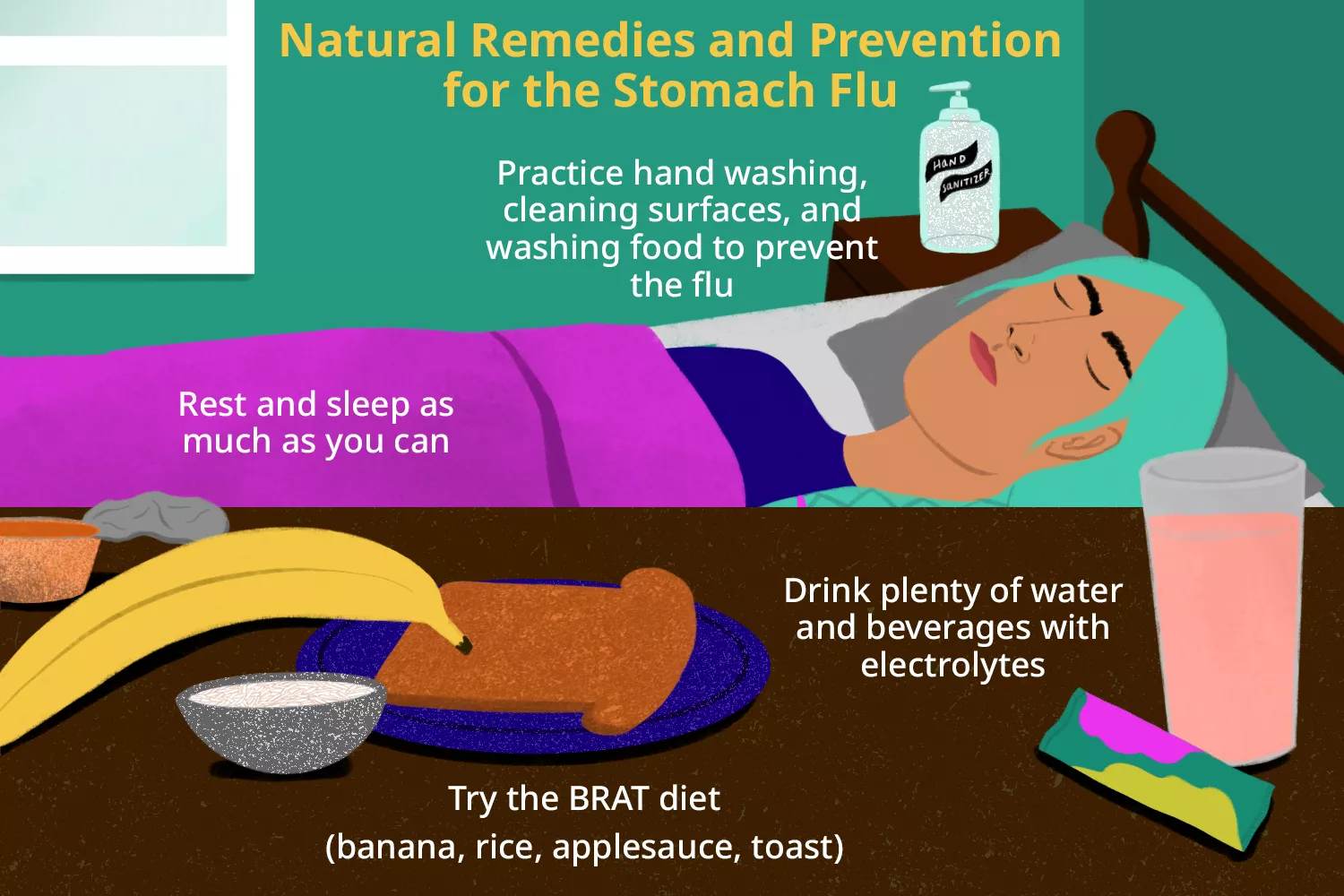 An illustrated guide showing a person resting with natural remedies for stomach flu, including BRAT diet foods and hydration tips.