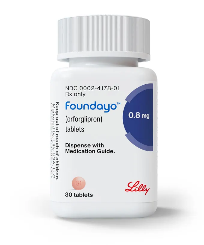 A white bottle of Foundayo oral GLP-1 medication on a neutral background.