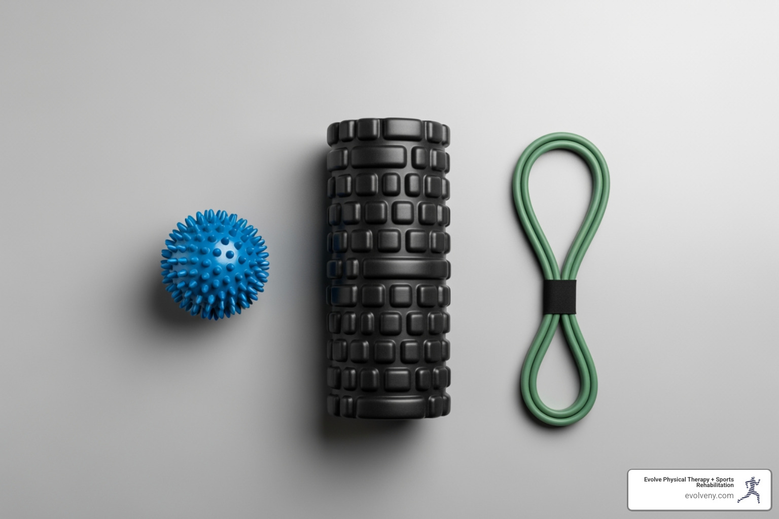 A foam roller, massage ball, and resistance band laid out on a floor.