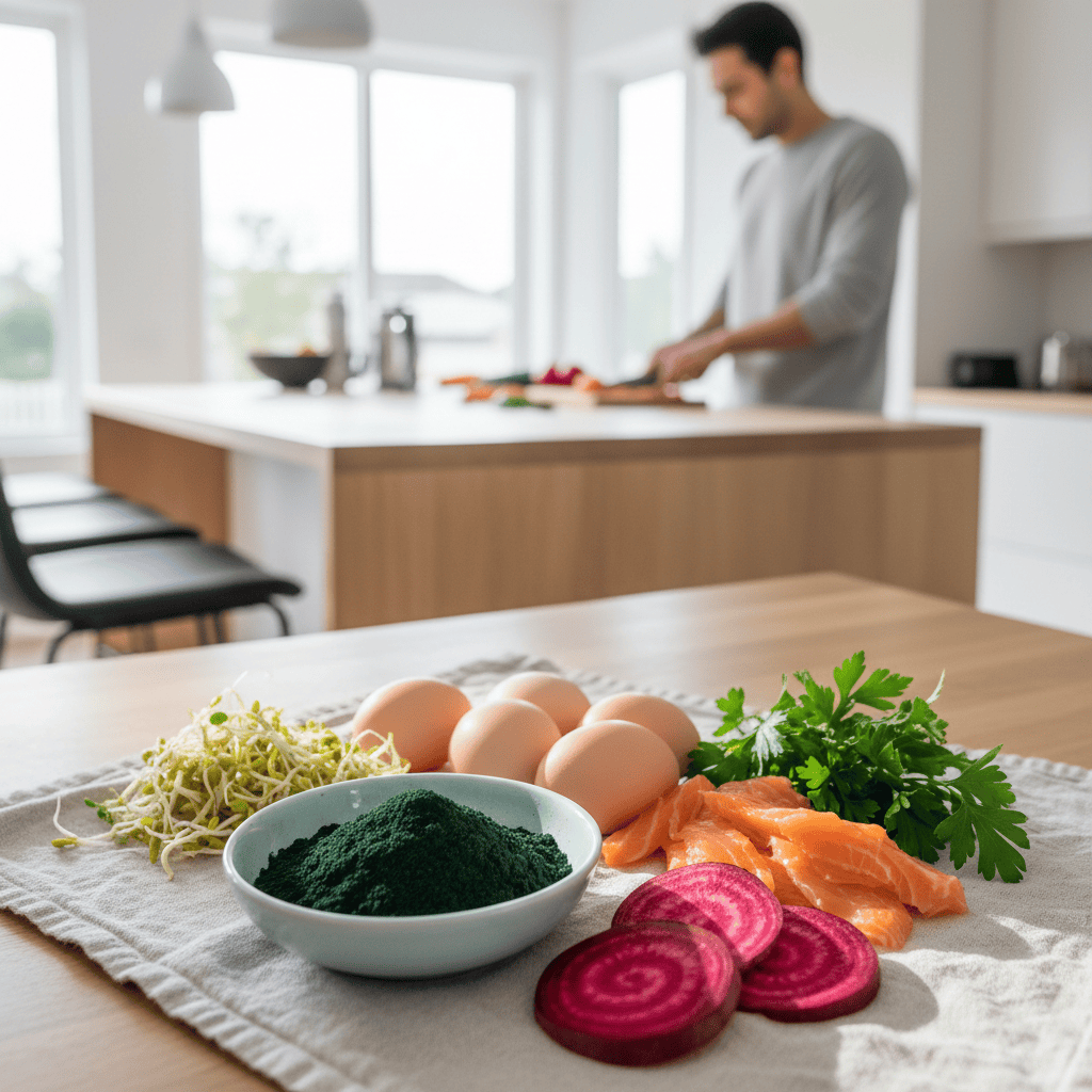 A person preparing a healthy meal in a bright, modern kitchen.