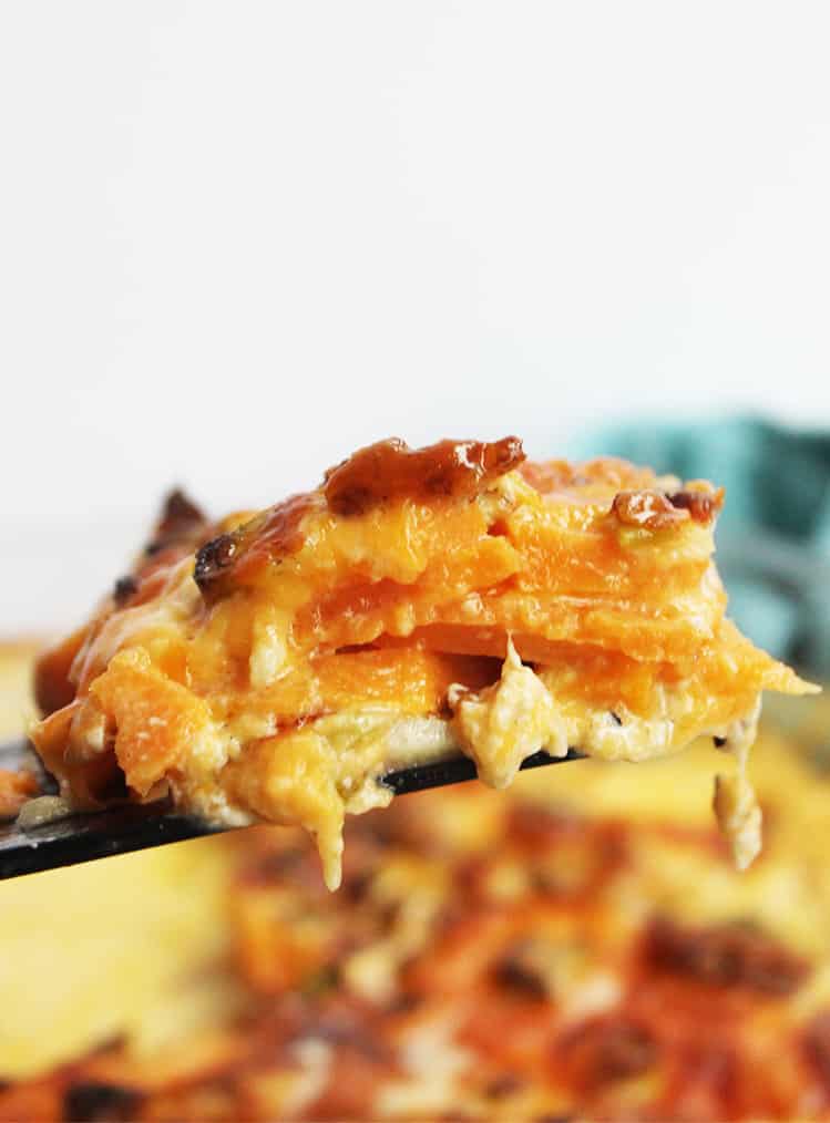 Thinly sliced sweet potatoes coated in a creamy white sauce being lifted with a spatula.