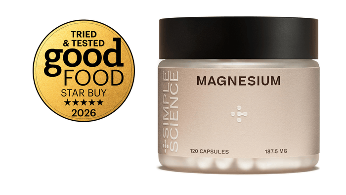Simple Science Magnesium Complex bottle featuring a blend of glycinate, citrate, and malate.