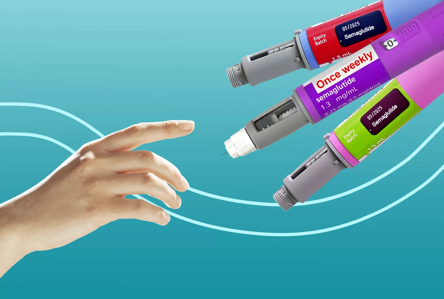 A photo composite showing three different weight loss medication pens held by a hand.