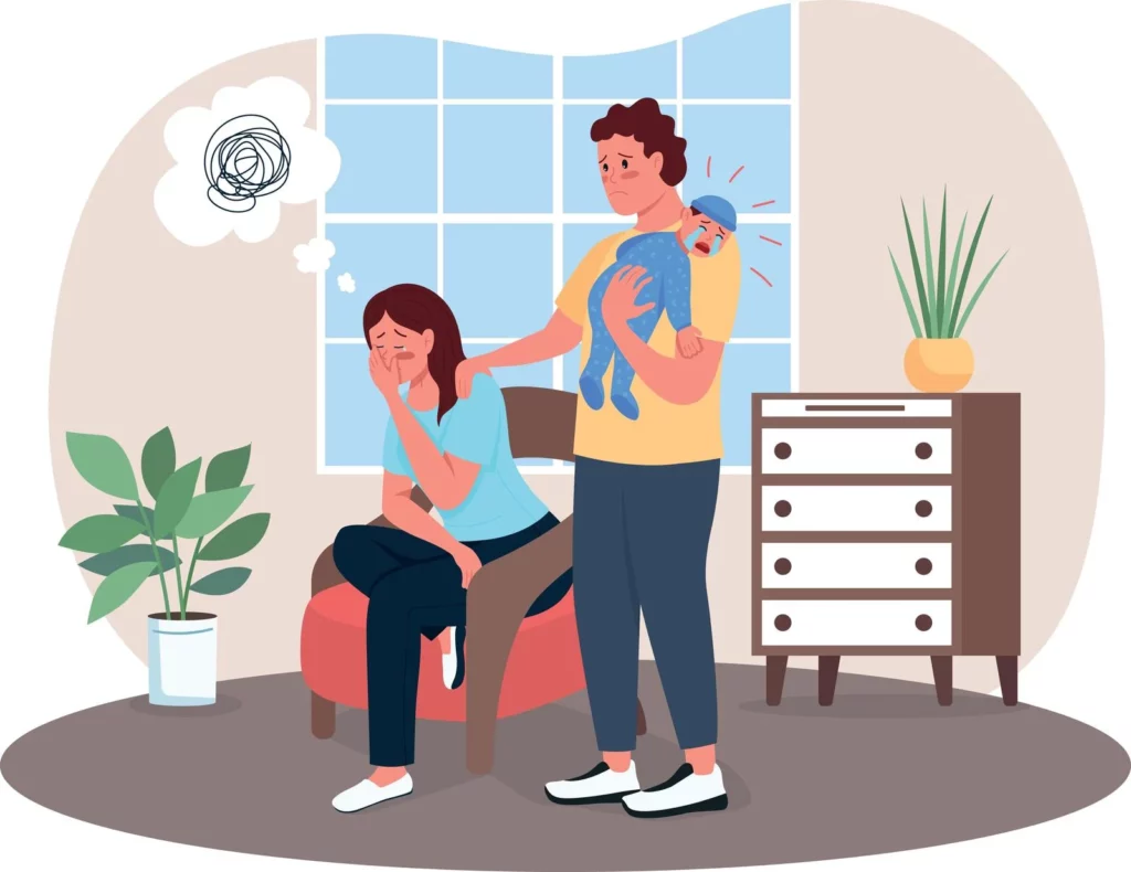 A woman looking overwhelmed and sad, illustrating signs of postpartum depression.