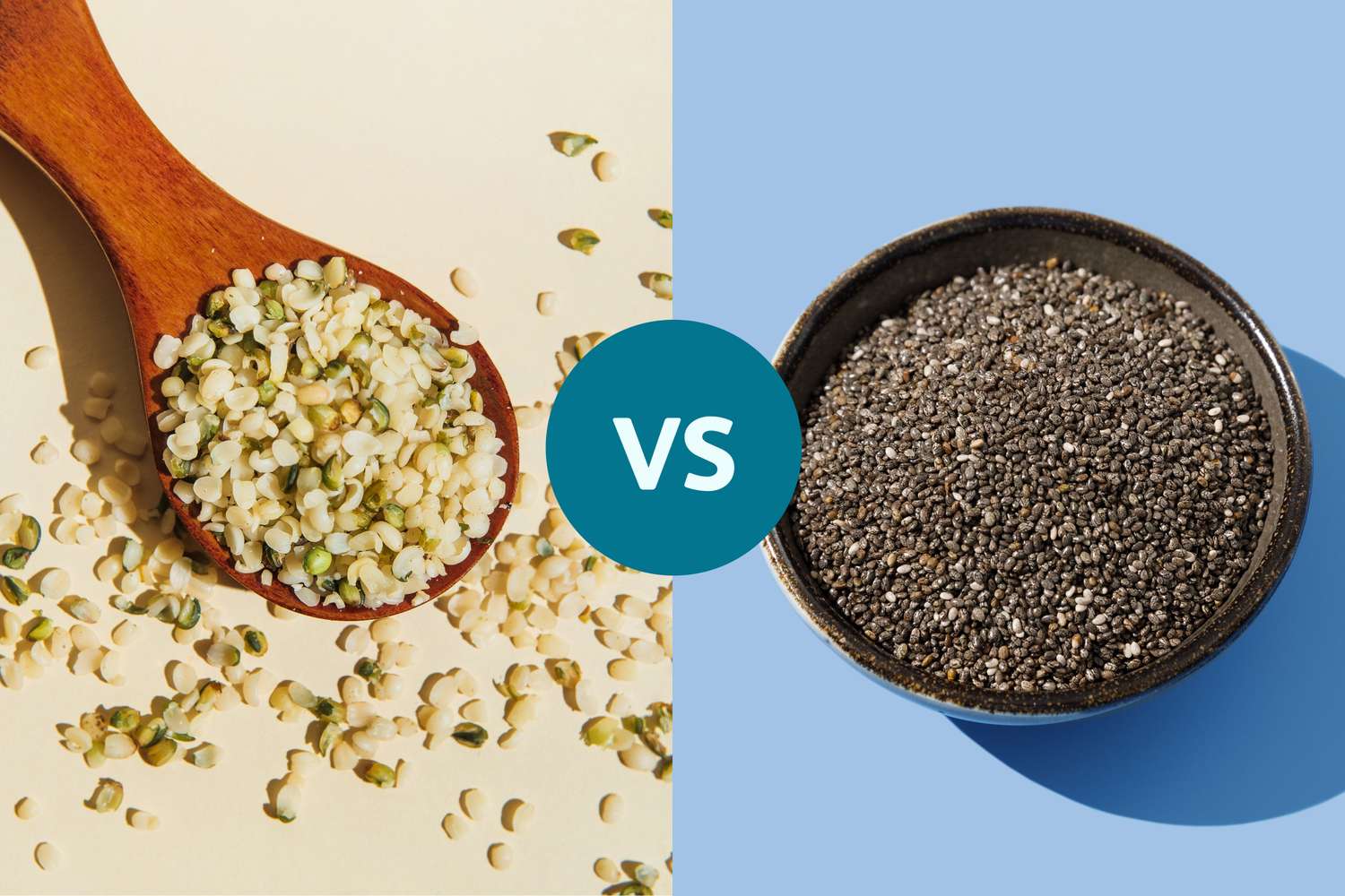 A side-by-side comparison image of hemp seeds and chia seeds.