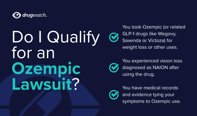 A flowchart infographic titled 'Do I Qualify for an Ozempic Lawsuit' listing specific health criteria.