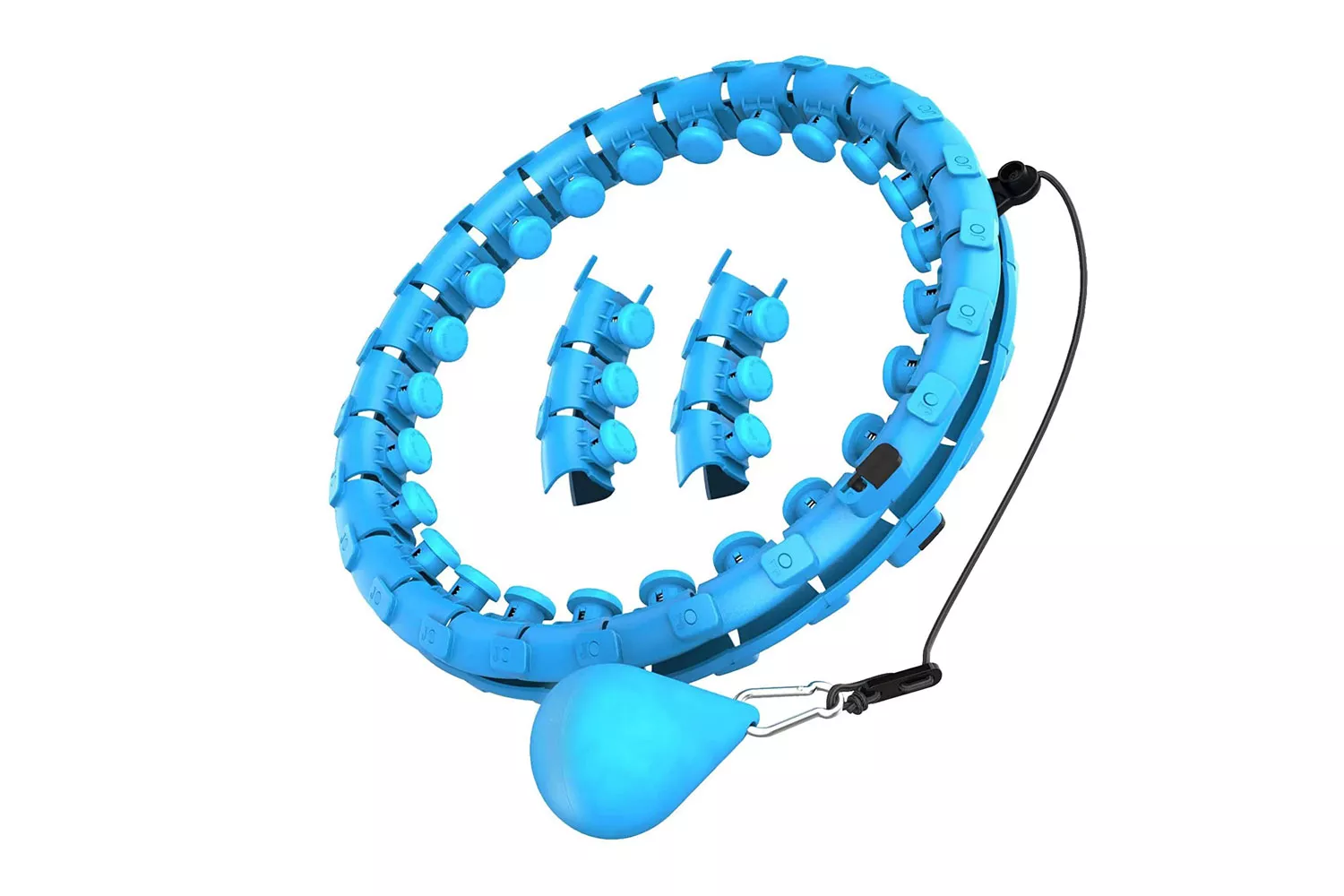 A blue smart weighted hula hoop with detachable links and a centrifugal ball.