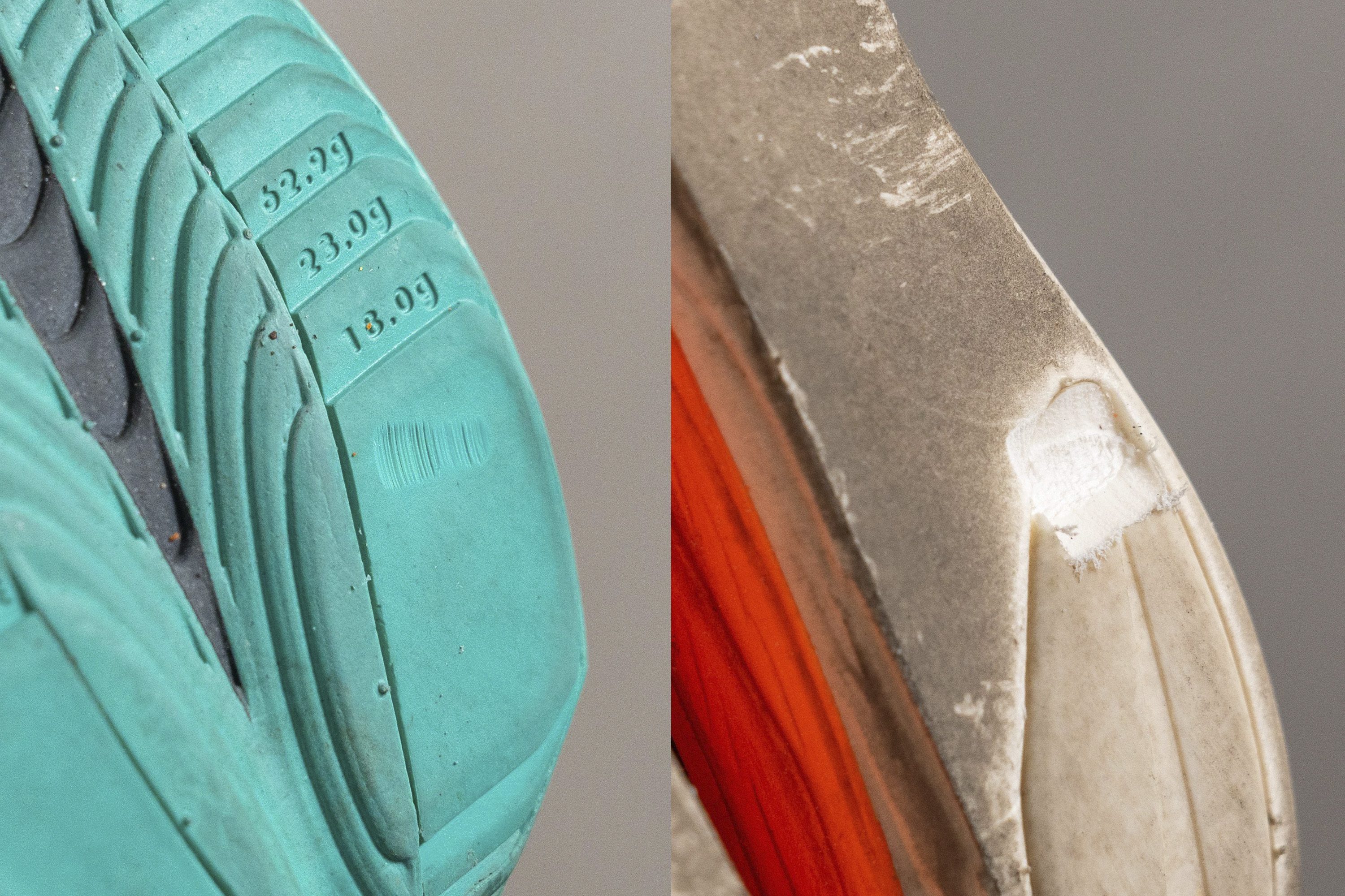 Close-up of a durability measurement test being performed on a shoe outsole.