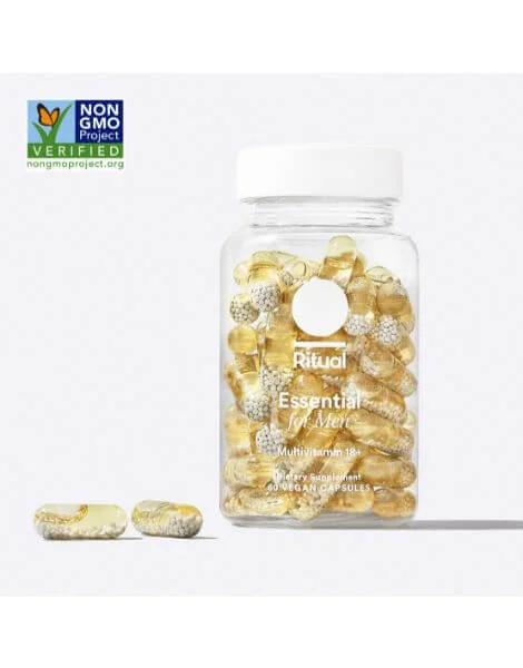Ritual Essential for Men multivitamin bottle on a clean background.