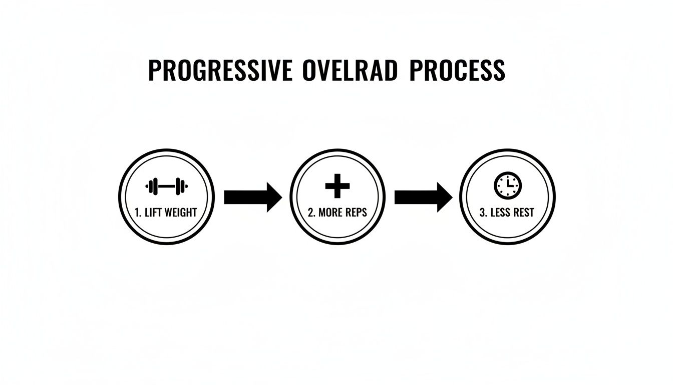 An infographic diagram illustrating the three-step cycle of progressive overload training.