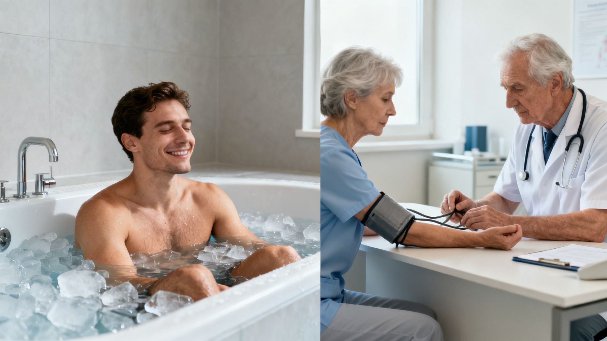 A split image of an athlete in cold water and a consultation with a healthcare provider.