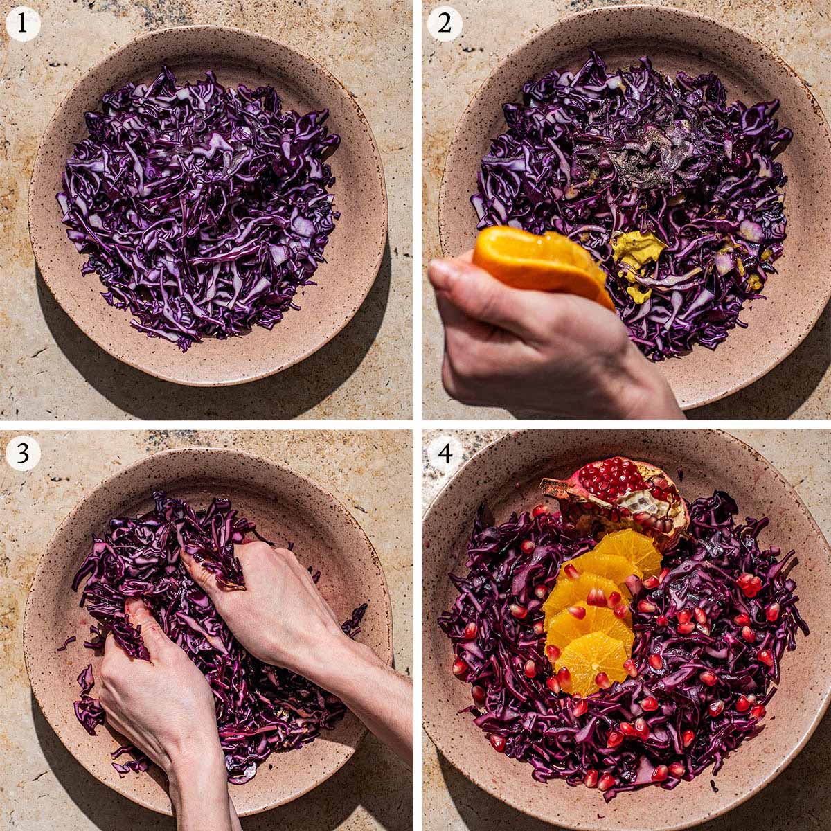 A person mixing and massaging shredded red cabbage in a large bowl.