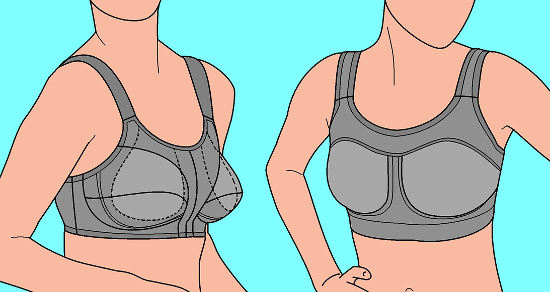 Side-by-side comparison of an encapsulation style sports bra and a compression style sports bra.