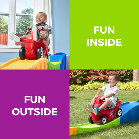 Colorful plastic roller coaster toy for indoor or outdoor use.