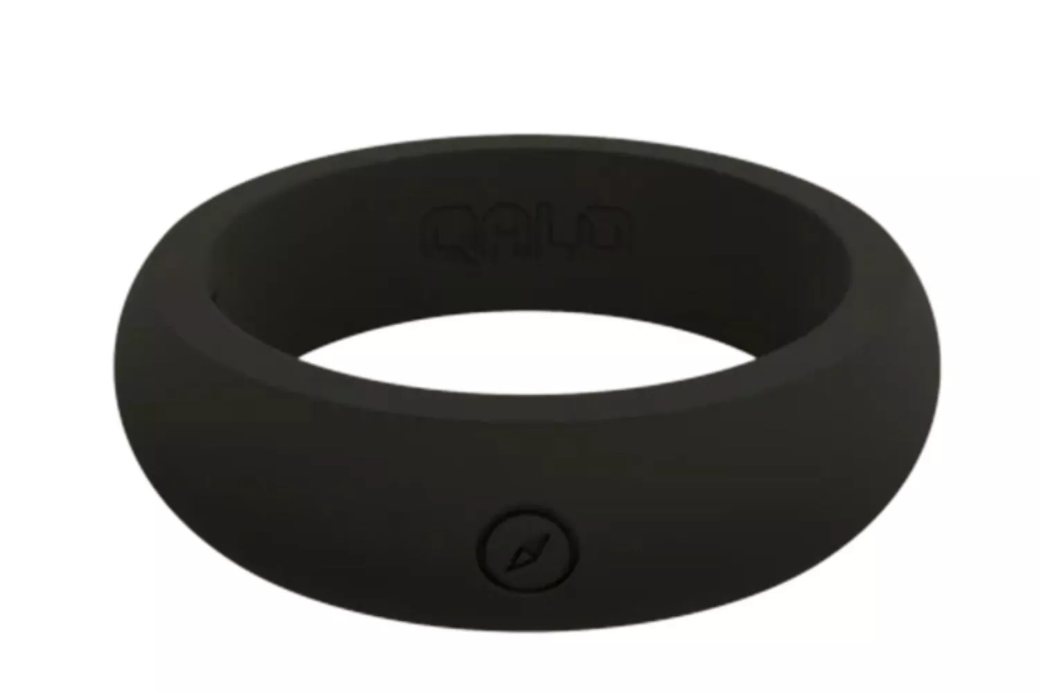 A matte black QALO silicone ring with a compass emblem displayed against a white background.