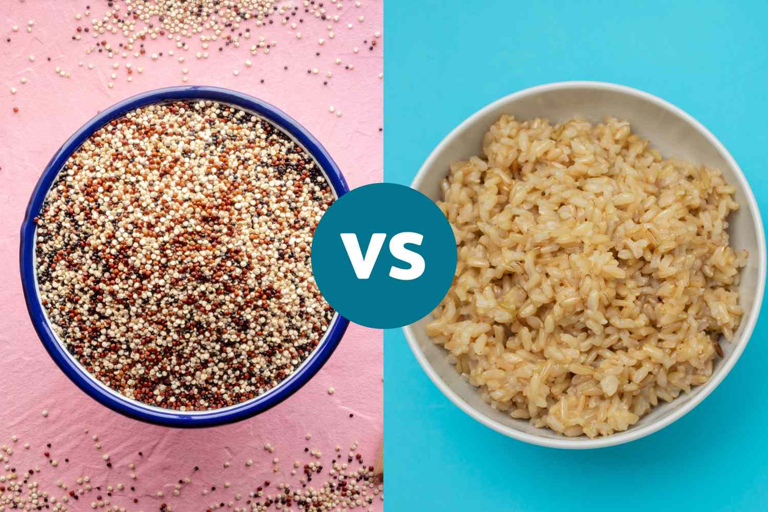 Split-image showing uncooked tri-color quinoa versus cooked brown rice with a VS graphic.