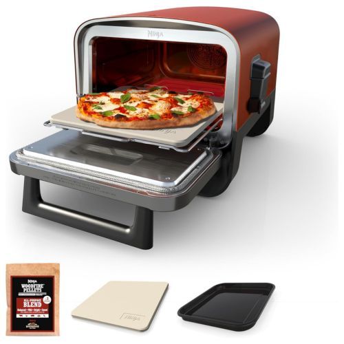 A Ninja Woodfire 8-in-1 outdoor pizza oven on a stand.