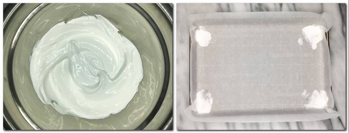 Glossy meringue in a mixing bowl and a baking sheet prepared with parchment paper.