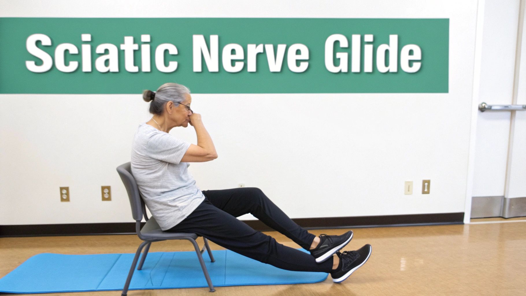 Woman demonstrating the seated sciatic nerve glide or slump stretch on a bench.
