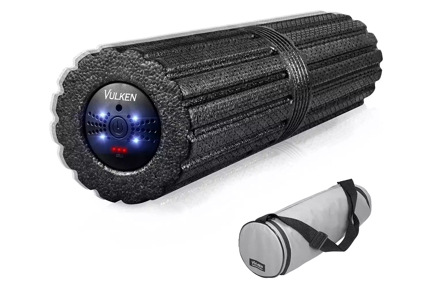 Vulken vibrating foam roller with its carrying case and power adapter