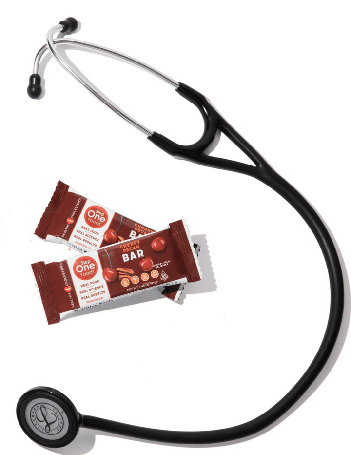 A heart-healthy nutritional bar placed next to a stethoscope.