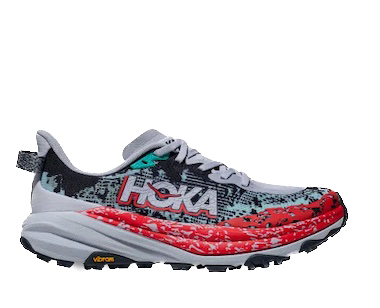 Hoka Speedgoat 6 shoes designed with deep lugs for traction in snow.