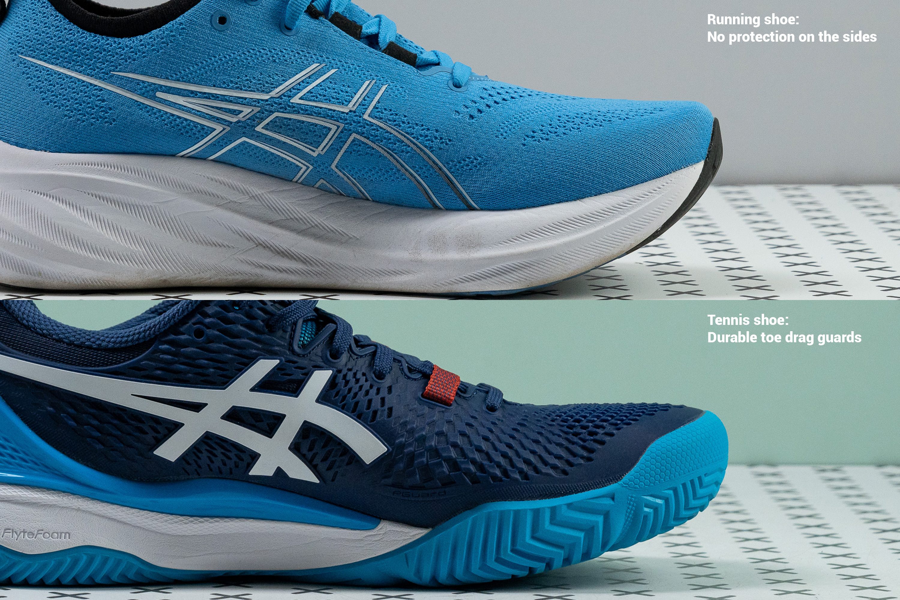 Diagram comparing the toe protection and abrasion resistance of a tennis shoe versus a running shoe.