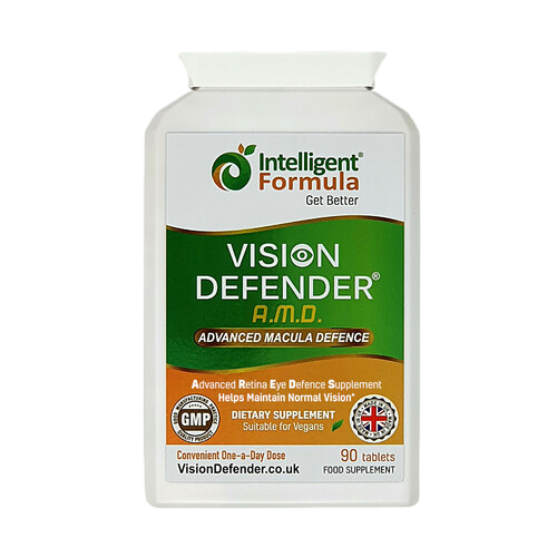 A bottle of Vision Defender AMD eye health supplement.