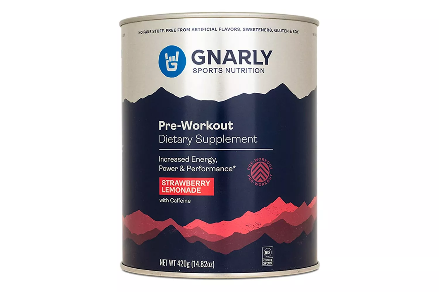 A container of Gnarly Sports Nutrition Pre-Workout in Strawberry Lemonade flavor featuring the NSF certification logo.