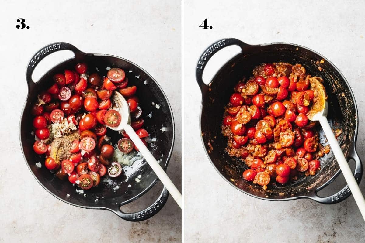 Adding bright red smoked paprika and spices to the sautéed vegetable mixture.