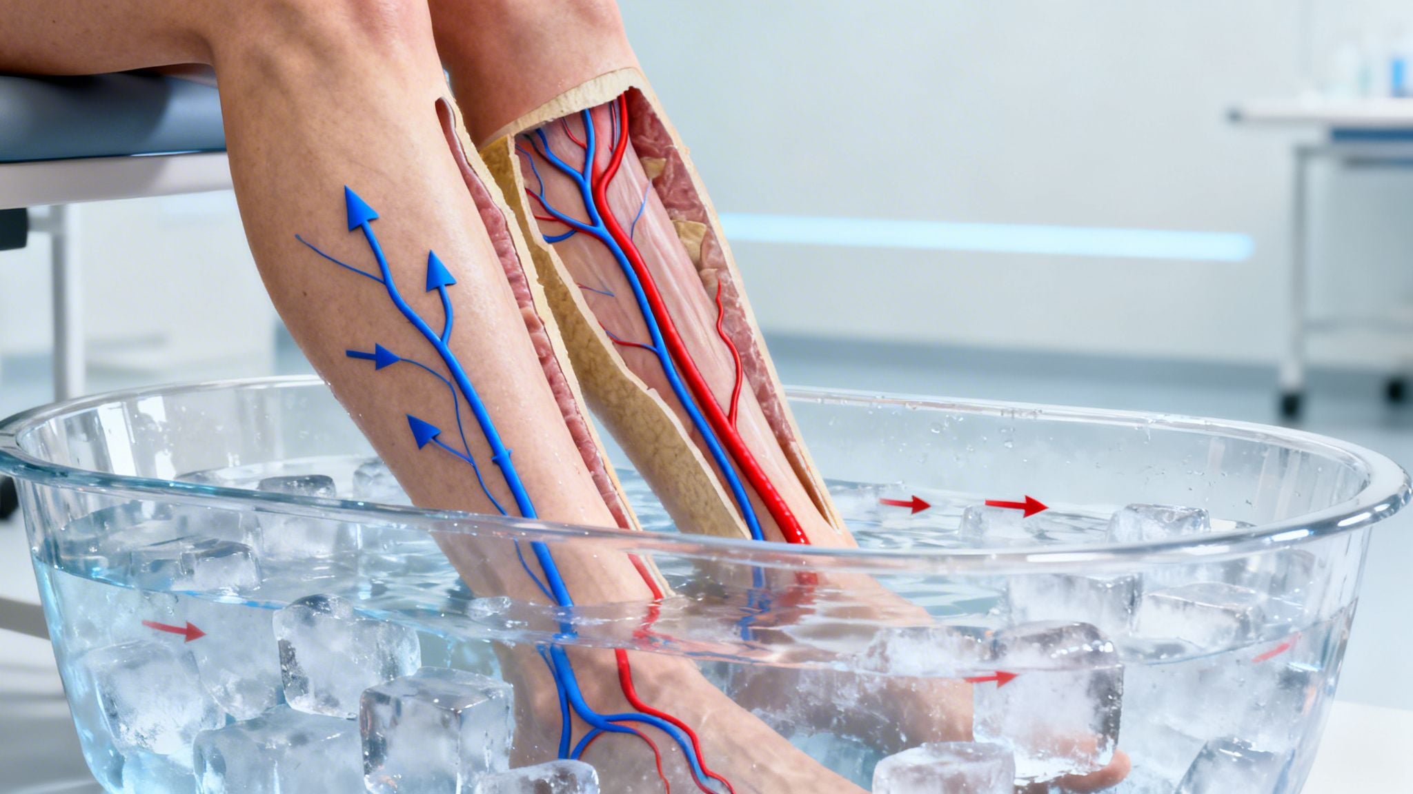 Anatomical diagram of leg circulation during a cold plunge showing blood vessel response.