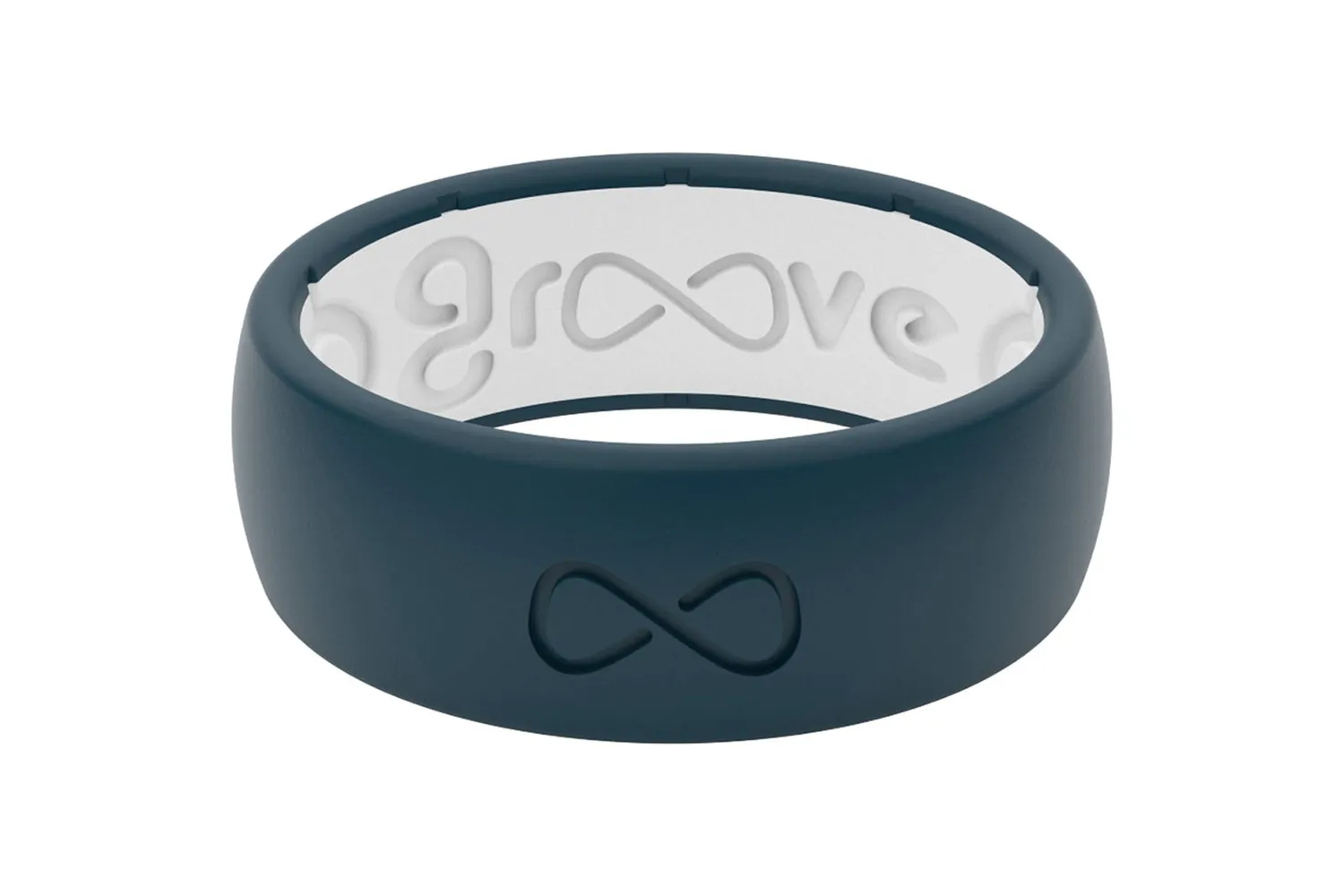 A teal silicone ring with a white inner band featuring the Groove brand logo and infinity symbol.