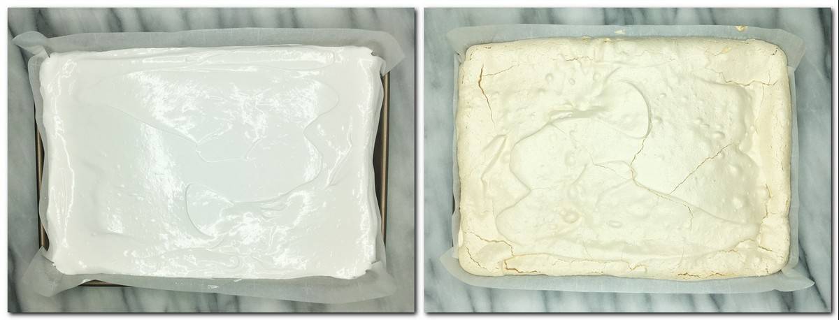 Raw meringue spread in a pan alongside a baked meringue sheet with a golden-brown crust.