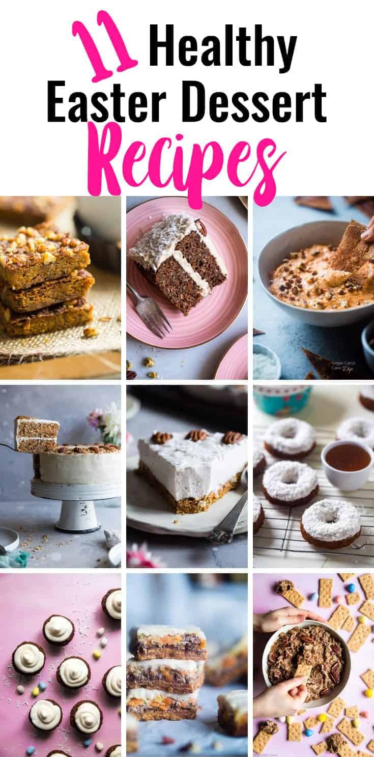 A vertical collage showing various healthy Easter desserts including muffins, tarts, and small bites. (SEO: wholesome Easter baking alternatives).