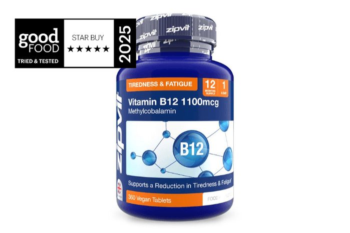 A bottle of ZipVit high-strength 1000mcg B12 tablets.