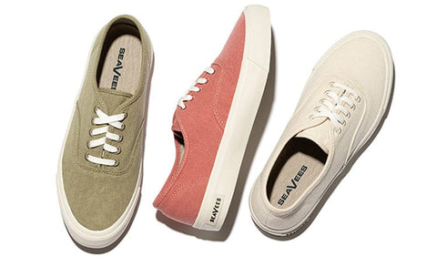 Selection of SeaVees SeaChange sneakers in various colors including red, green, and white.