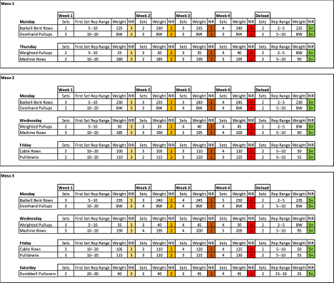 A table showing a sample back training program including exercises, sets, and reps.
