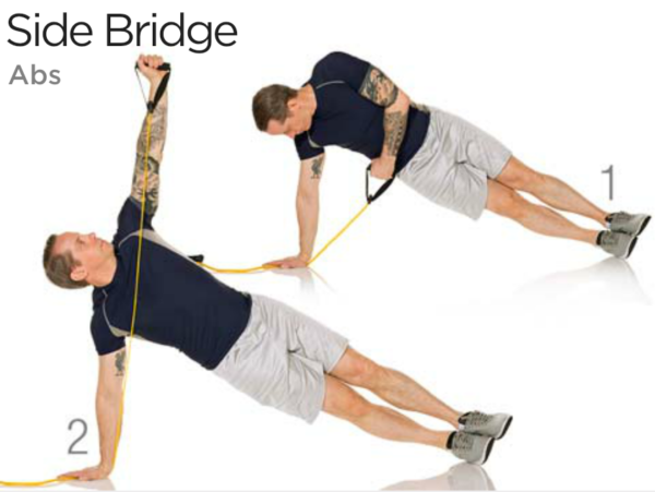 A person in a side bridge position pulling a resistance band toward the ceiling to engage core muscles.