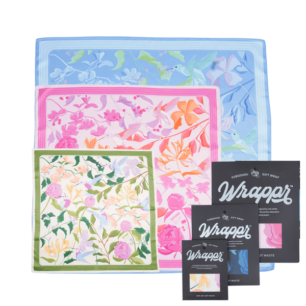 Colorful Furoshiki fabric wraps used for sustainable gift wrapping.