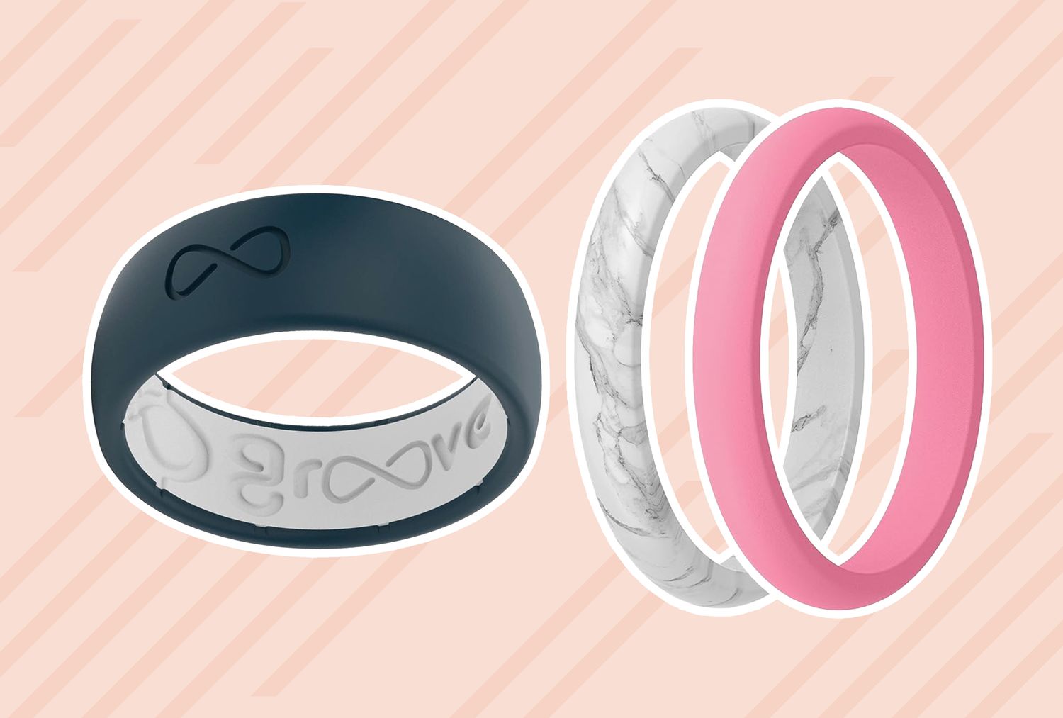Three silicone rings in dark blue, pink, and marble patterns displayed against a striped pastel background.