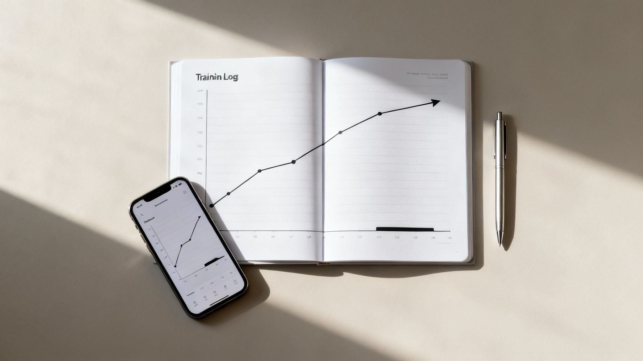 A training log notebook showing an upward growth graph next to a smartphone.