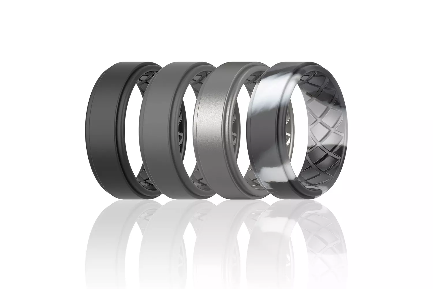 Close-up of four gray rings showing the criss-cross interior patterns designed for breathability.
