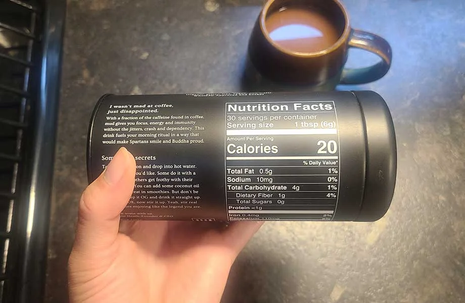 Close-up of MUD\WTR nutrition facts label showing mushroom blend dosages.