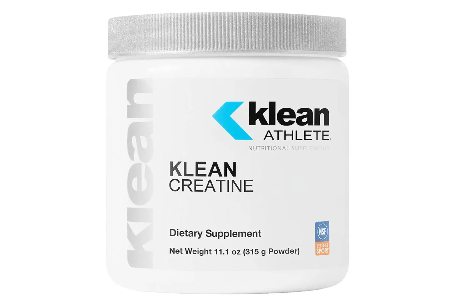 White container of Klean Athlete Klean Creatine powder showing the NSF Certified Sport seal prominently.