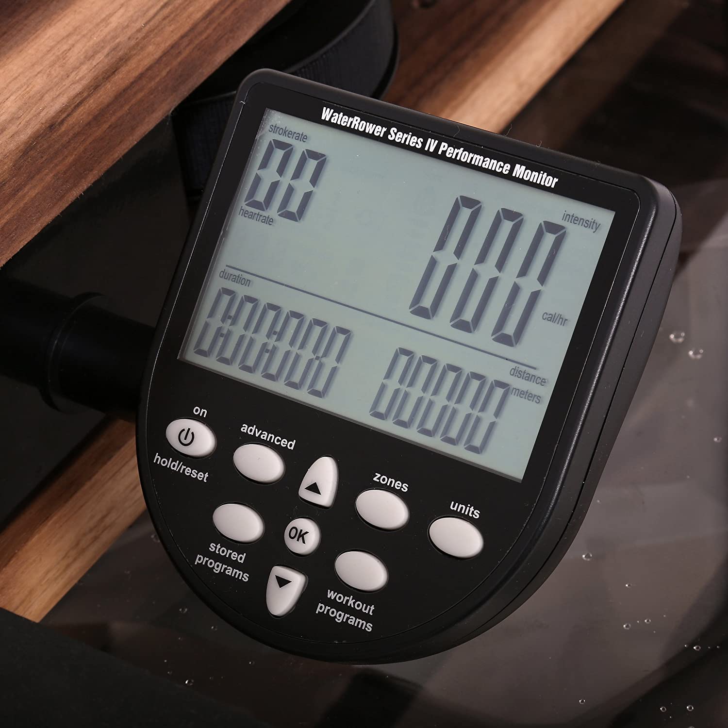Close-up of the WaterRower S4 Performance Monitor displaying intensity and stroke rate.