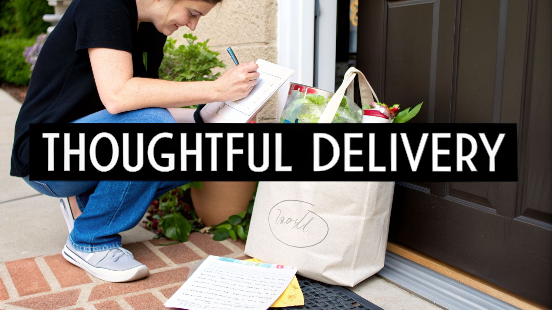 A person delivering a care package tote bag to a home entrance.