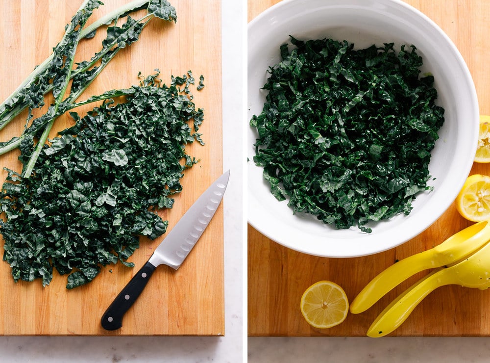 Two split-screen photos showing hands massaging raw kale leaves with lemon juice in a bowl.