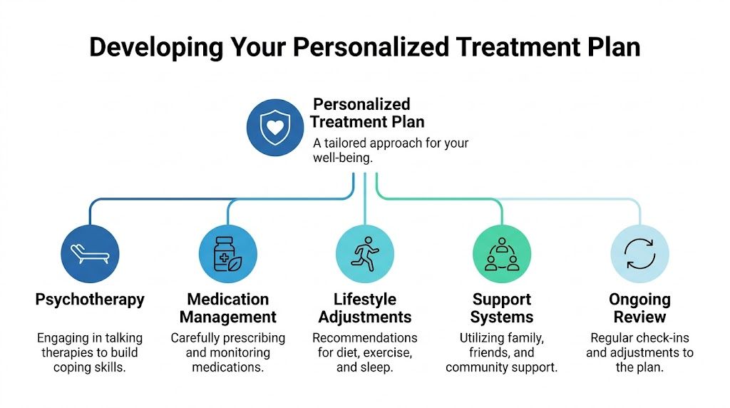 Diagram of components in a personalized mental health treatment plan including therapy and support networks.