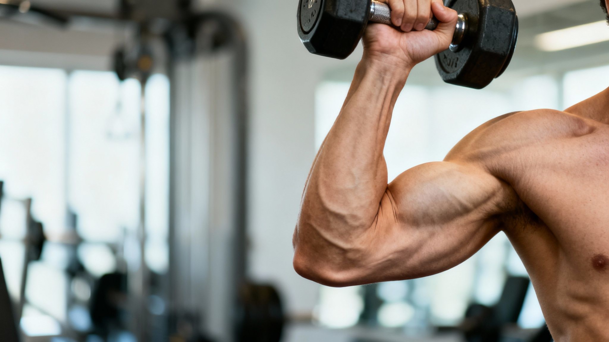 A close-up of a muscular arm lifting a heavy dumbbell.