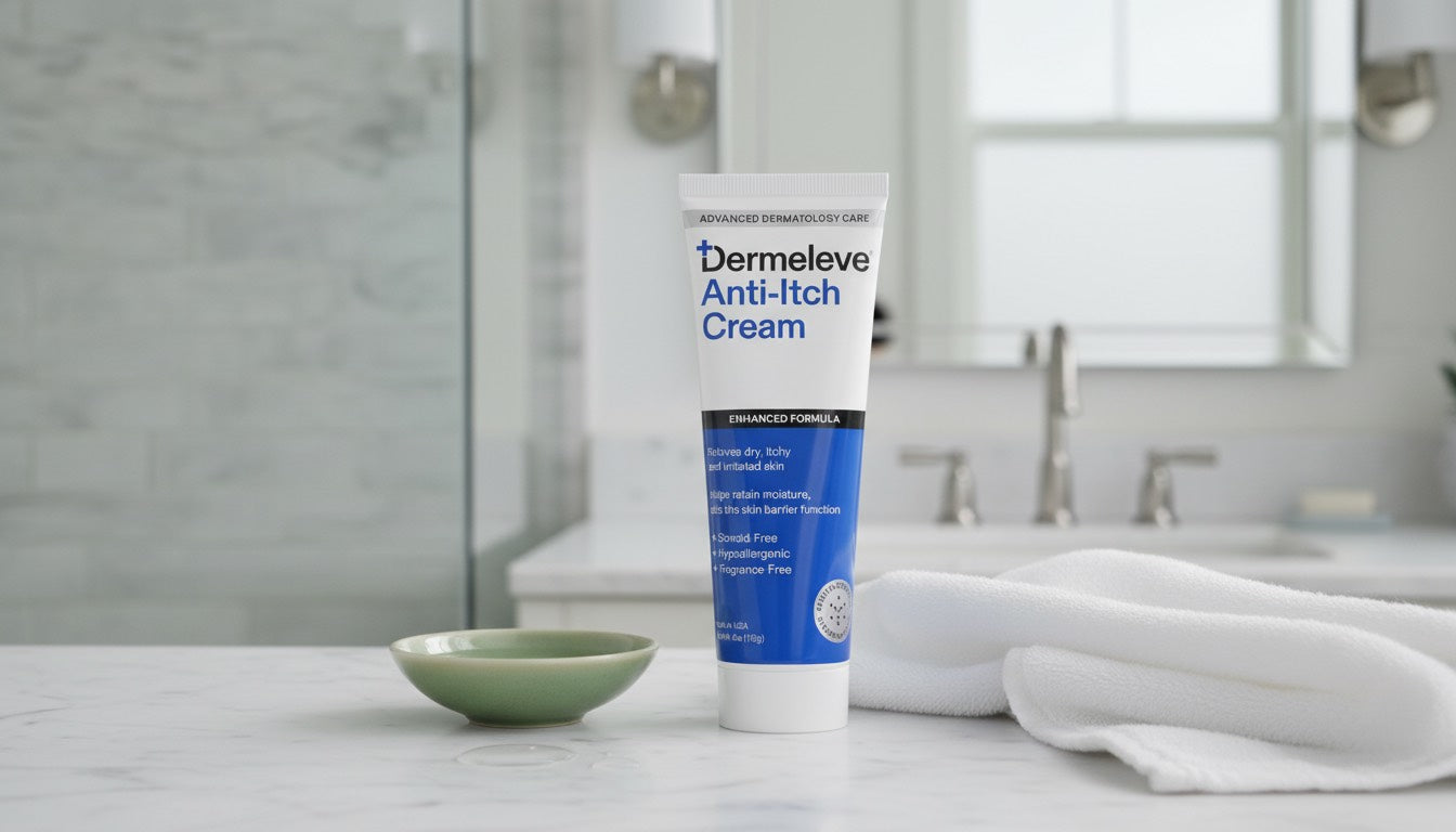 A tube of anti-itch cream sitting on a clean bathroom counter.